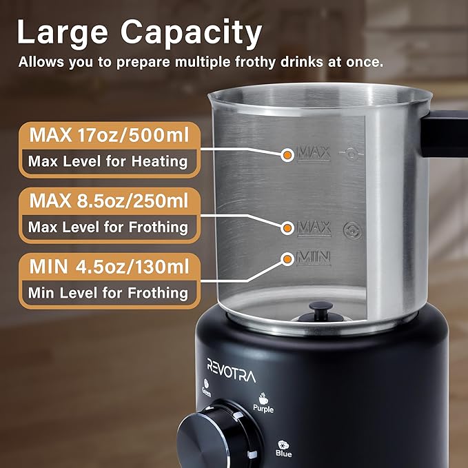 4 in 1 Milk Frother and Steamer, 500ml Electric Foam Maker with Dial Control & LED Indicator, Hot & Cold Milk Frother, Non-Stick Stainless Steel, Silent, Easy to Clean, for Coffee