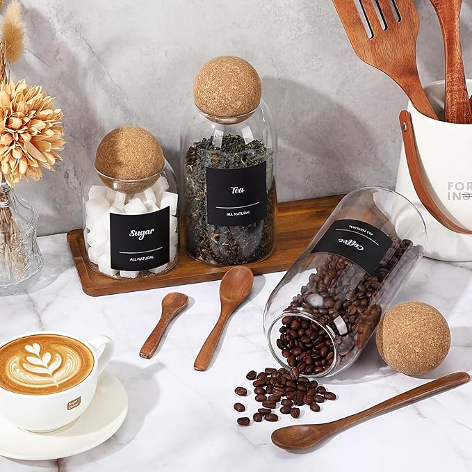 Suclain 3 Pcs Glass Coffee Storage Jar with Ball Cork Lid Wooden Spoon Shelf Labels Airtight Round Bottle Jar Food Storage Canister Set for Sugar Spice Coffee Bean Holder Candy Gift(17, 27, 41 oz)