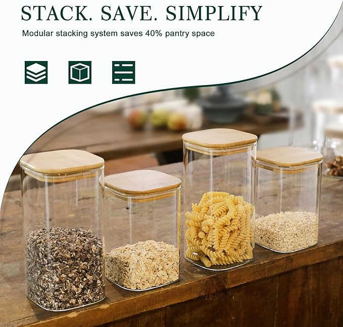 LIBWYS 12-Pack Glass Pantry Storage Containers with Bamboo Lids (0.76Qt/1.22Qt/1.67Qt) - Stackable Square Food Jars for Pantry Organization, Coffee, Flour, Snacks, Tea | Kitchen Canisters Set