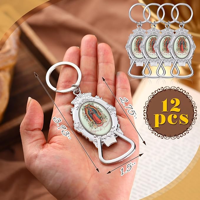Misdary 24 Pcs Our Lady of Guadalupe Bottle Opener Keychain Catholic Bottle Opener with Organza Baptism Party Favor for Guest