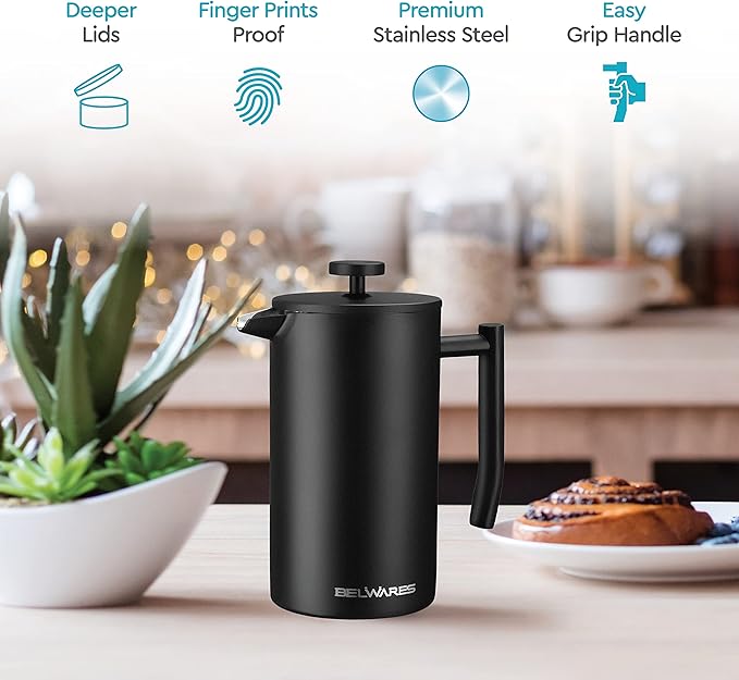 Belwares French Press Coffee Maker 34 Oz - Insulated Coffee Press Stainless Steel 304 - Double Wall & 4 Level Filtration System (1 Liter) - Black