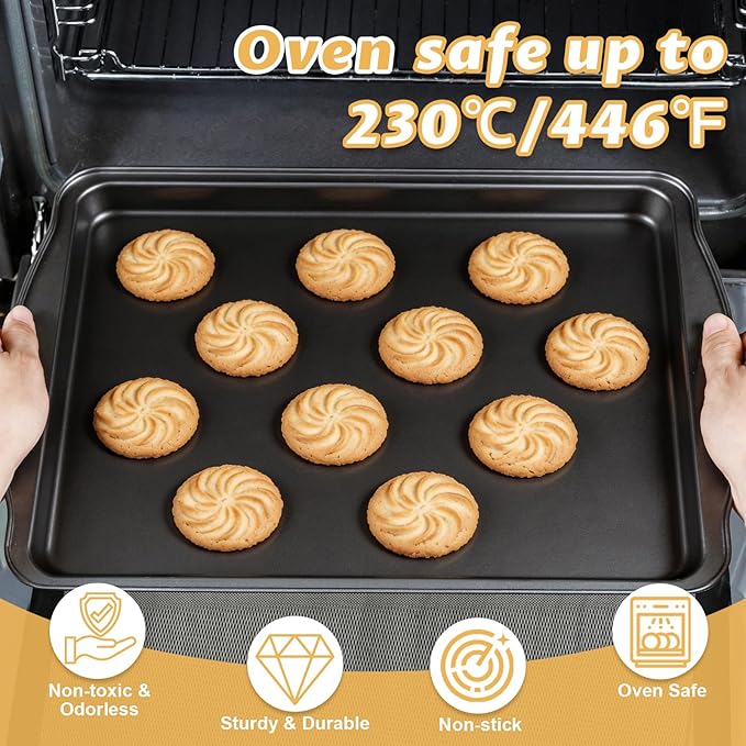 Baking Sheet Set of 2-17" x 11" x 0.5" Carbon Steel Cookie Sheet for Baking, Nonstick Baking Pan with Dual Handles, Rust & Warp Resistant, Perfect for Baking, Roasting, and More