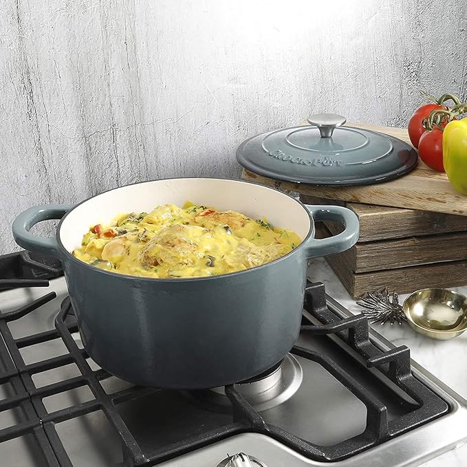Crock Pot Artisan 5-Quart Round Enameled Cast Iron Dutch Oven – Slate Gray, Heavy-Duty Cookware for Slow Cooking, Roasting, Baking with Lid