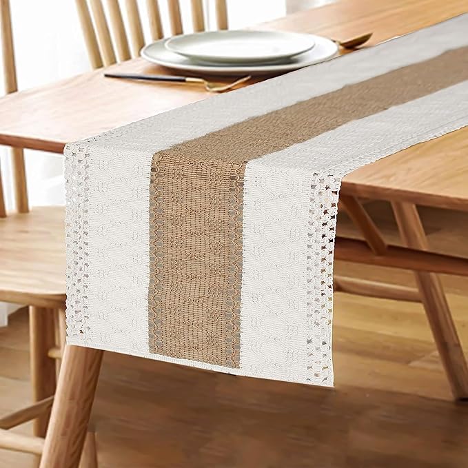 FEXIA Boho Table Runner 36 Inches Long(Without Tassel) Thanksgiving Farmhouse Home Decor Rustic Cream & Brown Macrame Table Runner for Dining Bedroom Decor(12x36 Inches)