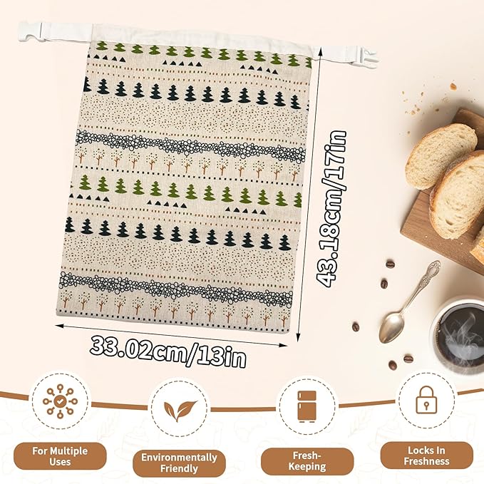 Reusable Beeswax Bread Bags-17"x13" Large Bread Bags for Sourdough & Homemade Cloth BreadBags Keeps Fresh Longer 2Pack (Tree Patterns) | Tree Pattern, Beeswax keep fresh, Large Size, Zipper, Snap-On
