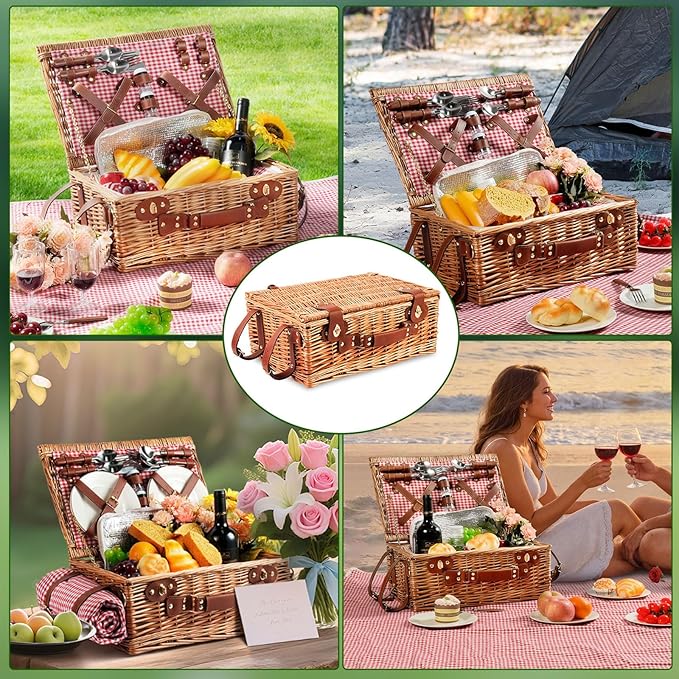 Wicker Picnic Basket Set for 4 Person with Cooler Compartment and Waterproof Picnic Blanket,Removable Strap,Wine Bag,Cutlery Set,for Camping,Day Travel,Beach,Hiking,BBQ and Family/Couples Gifts (Red)