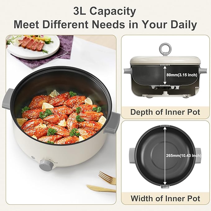 Electric Hot Pot, 3L Multifunctional Non-Stick Electric Skillet, Rapid Noodle Cooker & Frying Pan for Steak, Eggs, Ramen & Shabu Shabu, Perfect for Family Gatherings, Camping, RV Travel & Dorms