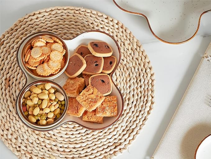 ONEMORE Chip and Dip Serving Set, 8.5 inch Speckled Ceramic Divided Serving Platter Small Appetizer Tray with 4 Removable Dishes for Nuts, Candy, Snacks, Veggies, Rustic Serving Bowls for Entertaining
