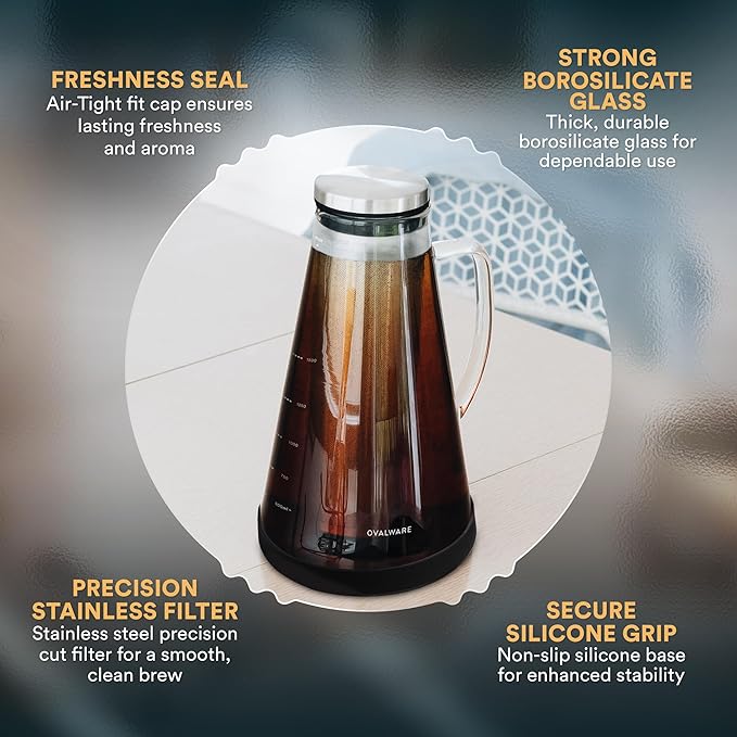 OVALWARE Airtight Cold Brew Iced Coffee Maker Pitcher (& Iced Tea Maker) with Spout – 1.5L/ 51oz Brewing Glass Carafe with Removable Stainless Steel Filter