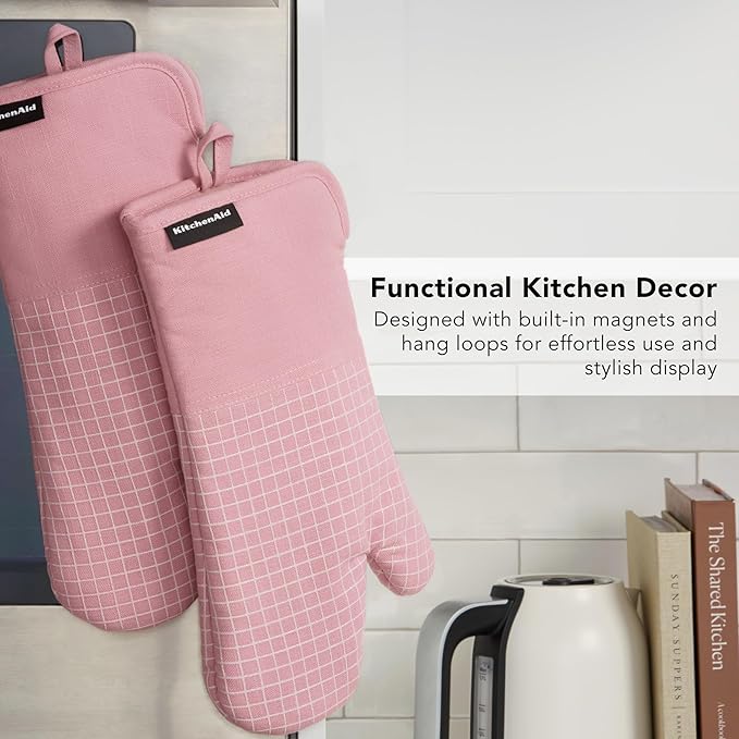 KITCHENAID Gourmet Series Gridlines Oven Mitts 2-Pack Set, Heat Resistant up to 600°F, Soft Silicone Grip, Magnetic Cuff, Dried Rose, 7"x14"