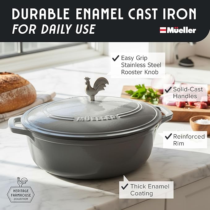 MUELLER HOME 5.5 Quart Enameled Cast Iron Oval Dutch Oven with Rooster Knob & Cotton Potholders, Heavy-Duty Cookware, Oven-Safe up to 500° F & Across All Cooktops, Gifts for Grandma & Women, Gray