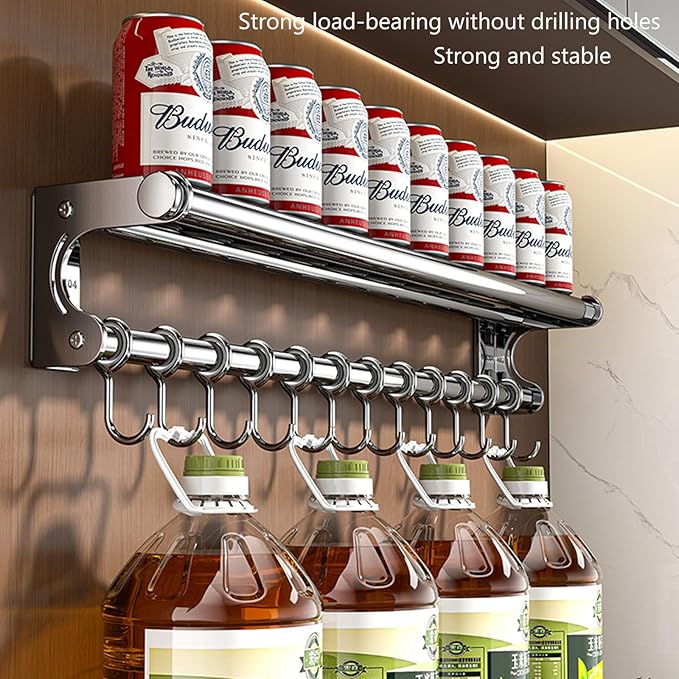 Hanging Wall Mount knife Wall Mount, Space-Saving Knife Rack with Hooks, Kitchen Organizer Storage Shelf for Utensils Spatula Spoon, Kitchen Utensil Hanger (Silver, 50CM+10Hooks)