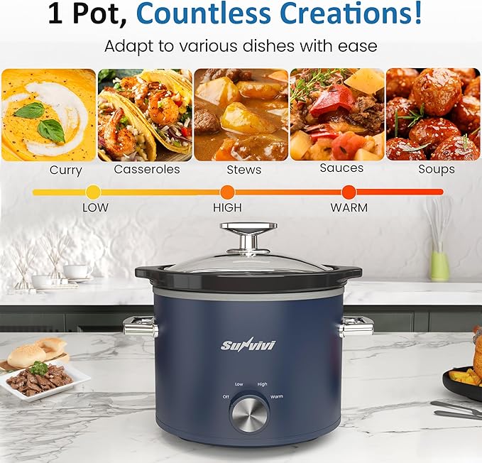 Sunvivipro 2QT Small Slow Cooker with Removable Ceramic Pot, Food Warmer with 3 Heating Settings & Dishwasher Safe Glass Lid, Blue