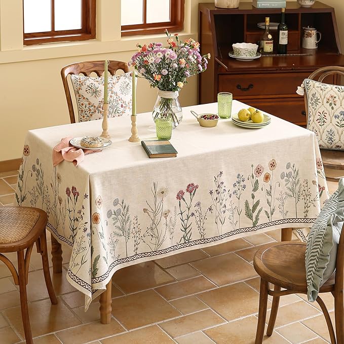 ISAENNE Designer Off White Linen Square Tablecloth,Floral Elegant Table Cloth,Stain Resistant Vintage Decor Tablecloths for Dining Thanksgiving Kitchen Christmas Party,67"*67"-Serenity G