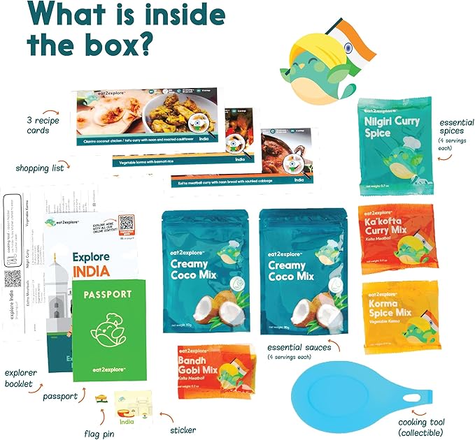 eat2explore Cooking Kits for Kids 15 Pcs – Interactive & Educational Kids Cooking Sets Real for Ages 5 and Up,3 Recipe Cards & Global Ingredients – Perfect for Families and Homeschooling (India)