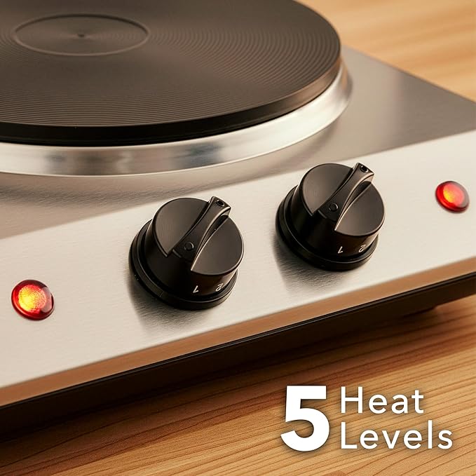 OVENTE Electric Countertop Double Burner, 1700W Cooktop with 7.25" and 6.10" Cast Iron Hot Plates, Temperature Control, Portable Cooking Stove and Easy to Clean Stainless Steel Base, Silver BGS102S