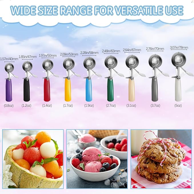 Hsei 9 Pcs Ice Cream Scoops Stainless Steel Cookie Portion Scoop with Handle for Baking Food Cookie Dough Cupcake Batter (Many Color,40mm to 78mm)