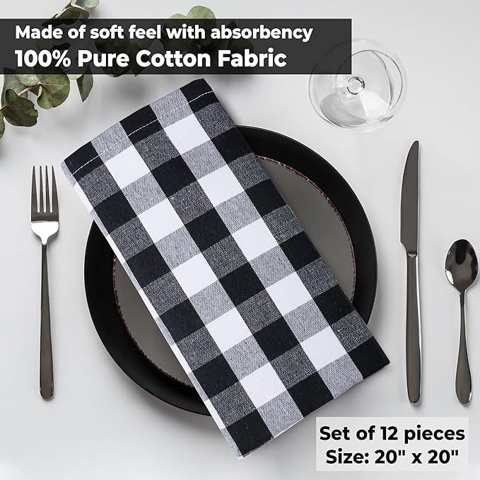 Urban Villa Cloth Dinner Napkins Set of 12 20''x20''100% Cotton Black White Buffalo Checks Highly Absorbent Washable Reusable Durable Ideal for Farmhouse Party Thanksgiving Fall Christmas Everyday Use