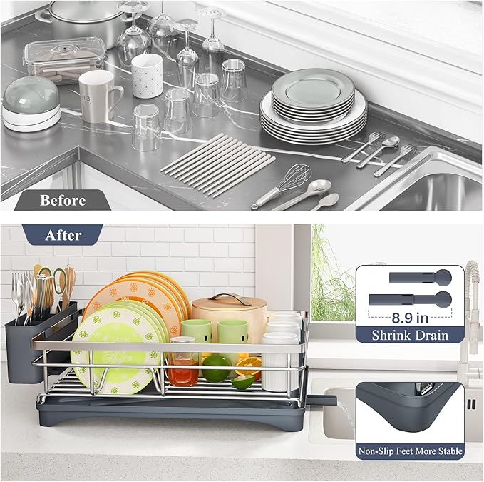 Dish Drying Rack - Stainless Steel Dish Rack for Kitchen Counter, Large-Capacity Dish Drainer with Cutlery Holder, Kitchen Organizer for Dishes, Spoons and Forks, Silver