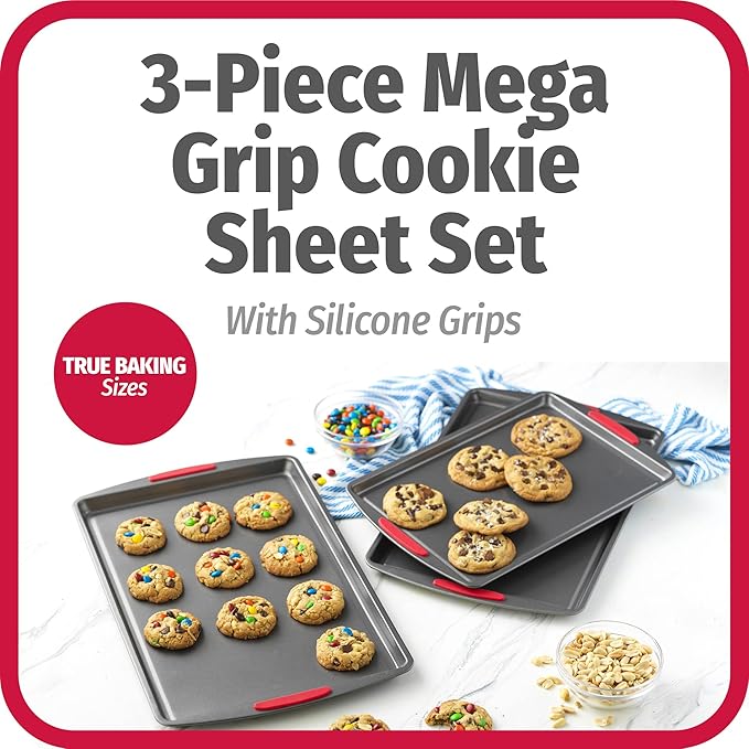 GoodCook MegaGrip Set of 3 Nonstick Steel Multipurpose Cookie Sheets with Silicone Grip Handles, Gray