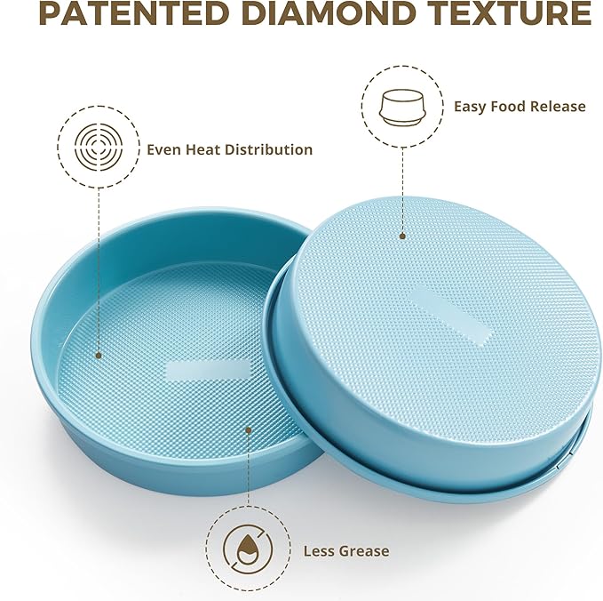 HONGBAKE Nonstick Ceramic 9 Inch Round Cake Pan Set of 2, Heavy-Duty Aluminized Steel round cake pans with Diamond Texture, Non-Toxic Cake Molds, Cake Pans Sets for Baking Cheesecake, Blue