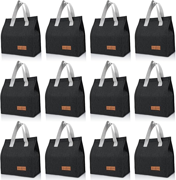 VZZNN 12 Pack Lunch Bags Bulk,Insulated Reusable Lunch Bags with Aluminum for Women Men,Leakproof Tote Large Lunch Box for Office,Work,Beach or Travel,Black