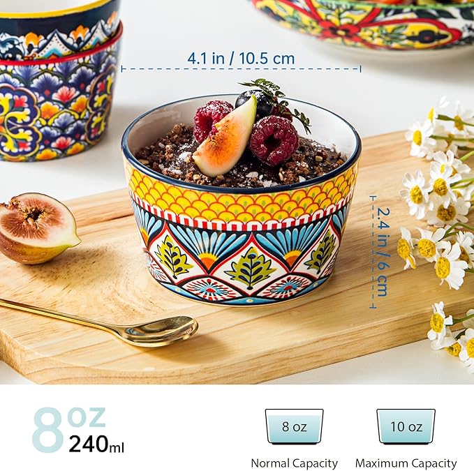 8 oz Ramekins Oven-Safe – Baking Cups for Creme Brulee, Puddings, Souffles, Custards, Ice Cream & Dips – Ceramic Single-Serve Bowls Set of 6, Bohemian Style
