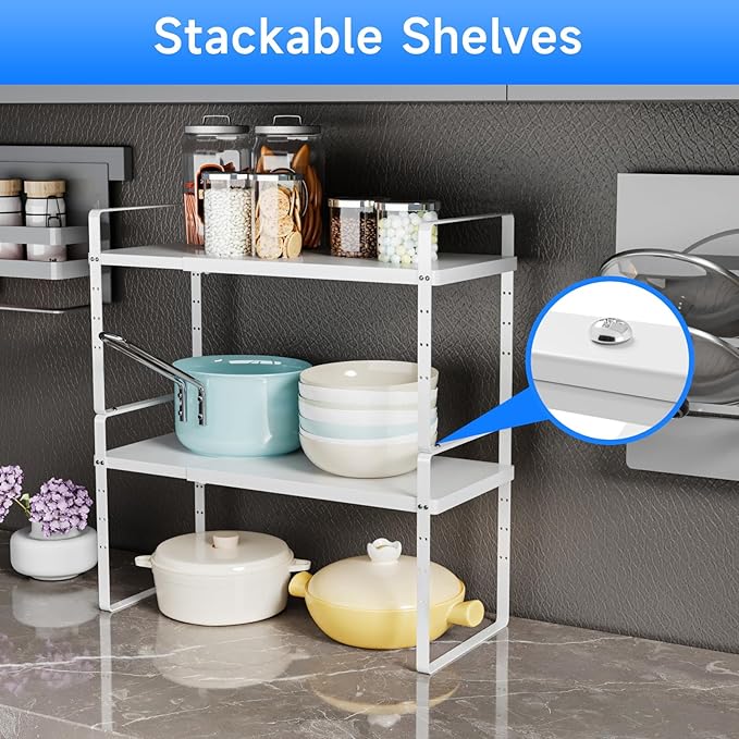 Expandable Cabinet Shelf Organizer, Stackable Kitchen Pantry Counter Storage, Adjustable Closet Cupboard Stand Rack Risers Spice Organization 80LBS Heavy Duty White Large 2 Pack