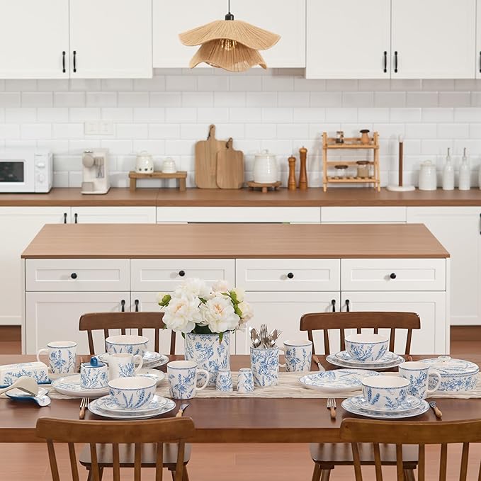 Bico Blue Garden Toile De Jouy Dinner Plates Set of 4, 11 Inch Large Ceramic Plates for Pasta, Steak, Stylish Serving Dishes, Microwave and Dishwasher Safe, Gift for Housewarming and Thanksgiving