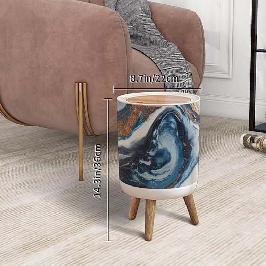 Trash Can with Lid Abstract Agate Blue Gold Seashore Fluid Horizontal Press Top Round Small Garbage Bin with Wooden Legs Waste Basket for Kitchen Bedroom Nursery 7L/1.8 Gallon