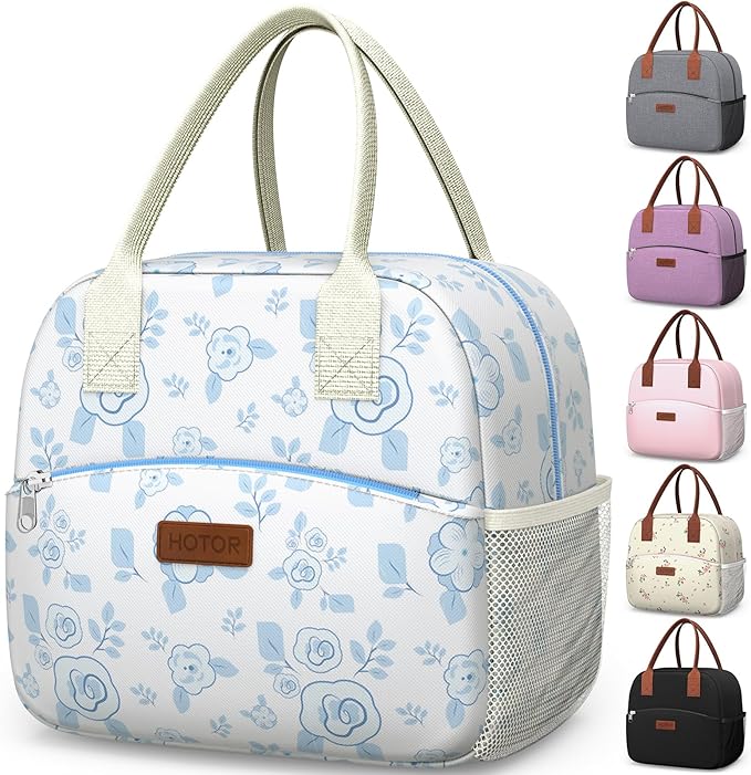 HOTOR Lunch Bag for Women & Men - Wear-Resistant Insulated Lunch Box with Large Capacity, Multi-Functional Cooler Bag for Office, Picnic, White with Blue Flower, 10L,10.60" x 5.90" x 9.50"