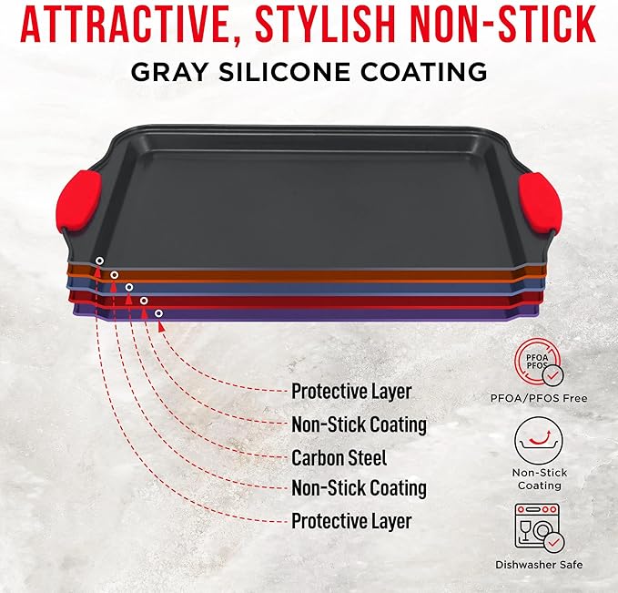 Nonstick Cookie Sheet Pan Carbon Steel Oven Tray Sheet Pan with Red Silicone Handles -large Bakeware Pan Tray with Gray Coating Inside & Outside (Pack of 2)