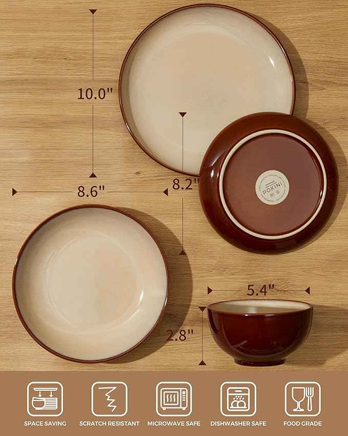 32 Piece Double Bowl Dinnerware Sets with Pasta Bowls, Highly Chip and Crack Resistant Plates and Bowls Sets, Natural Earthyware Ceramic Dishware Sets, Service for 8 Brown Yellow