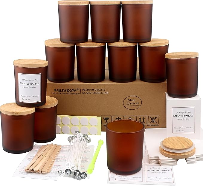MILIVIXAY 12 Pack 10 OZ Frosted Amber Glass Candle Jars with Lids and Candle Making Kits - Bulk Empty Candle Jars for Making Candles - Spice, Powder Containers.