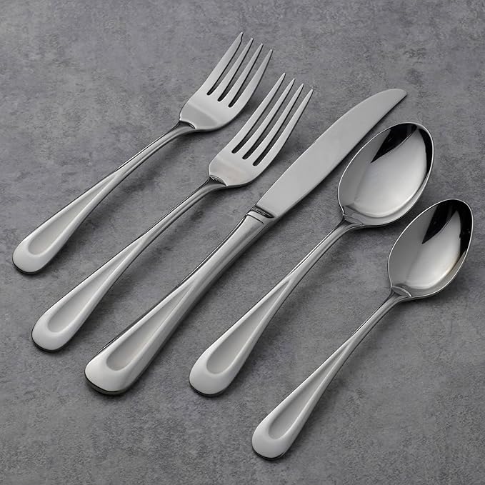 Oneida Silverware Set For 8, Satin Sand Dune 45-Piece Everyday Flatware Set with Serving Utensils, Service For 8, 18/0 Stainless Steel Silverware, Knives Spoons and Forks (Silver, 45 Piece)