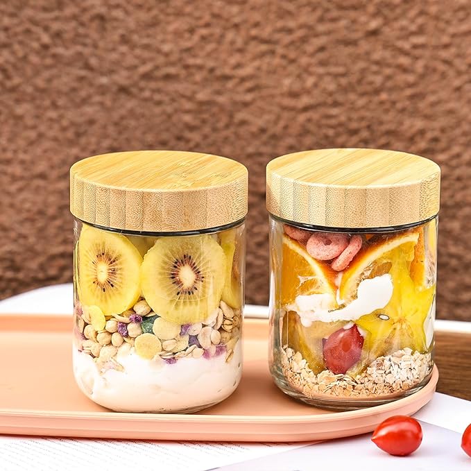 6 Pack 16oz Glass Overnight Oats Jars - Airtight Containers with Bamboo Lids, Wide Mouth Mason Jars for Salad, Yogurt, Snacks & Food Storage