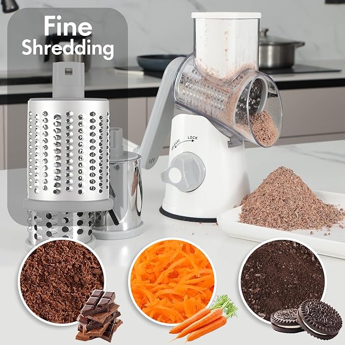 Rotary Cheese Grater with Handle, Kitchen Speed Hand Crank Vegetable Slicer, Potato Hash Brown Shredder Spinning Nut Grinder with 3 Replaceable Stainless Steel Drum Blades (White)