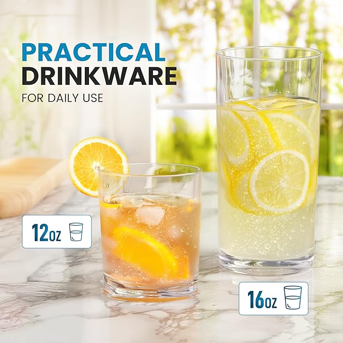 Zulay Kitchen Plastic Drinking Glasses (Set of 8) – Mixed 16oz & 12oz Acrylic Shatterproof Cups for Home, Kitchen & Outdoors – Crystal Clear Glass Look – BPA & Lead-Free – Top-Rack Dishwasher Safe