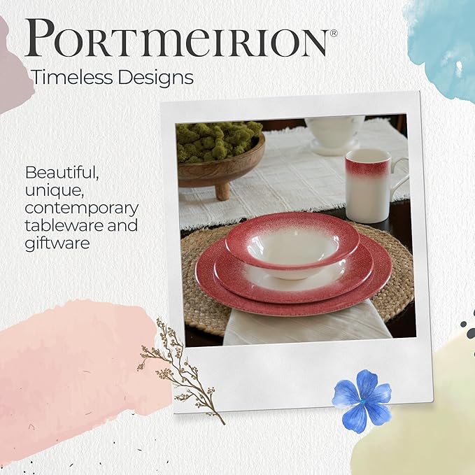 Portmeirion Potter's Mist 10.5" Dinner Plate (Set of 4) - Handcrafted Earthenware Plates with Red Accent Rim, Microwave & Dishwasher Safe - Ideal Tableware for Modern & Traditional Dining (Red Mist)