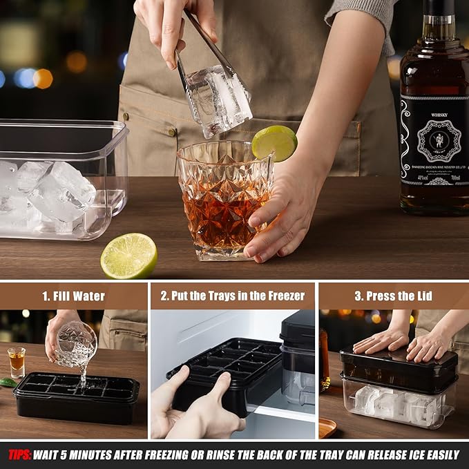 PHINOX Ice Cube Tray, Easy Release Ice Cube Trays with Lid and bin, Ideal for Cocktail Whiskey