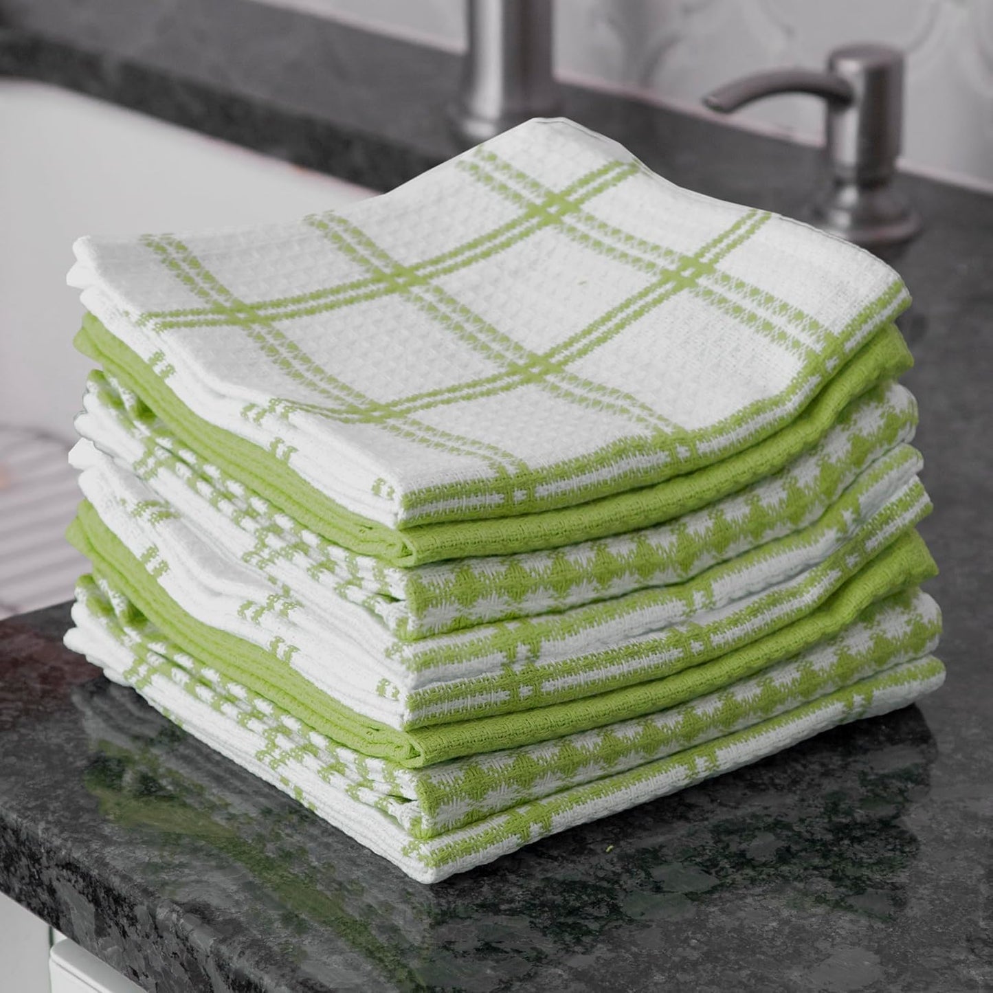 T-fal Premium Waffle Dish Cloths: Highly Absorbent, Super Soft Long Lasting - 100% Cotton, 12"x13" Towel for Cleaning & Drying, (8-Pack), Green