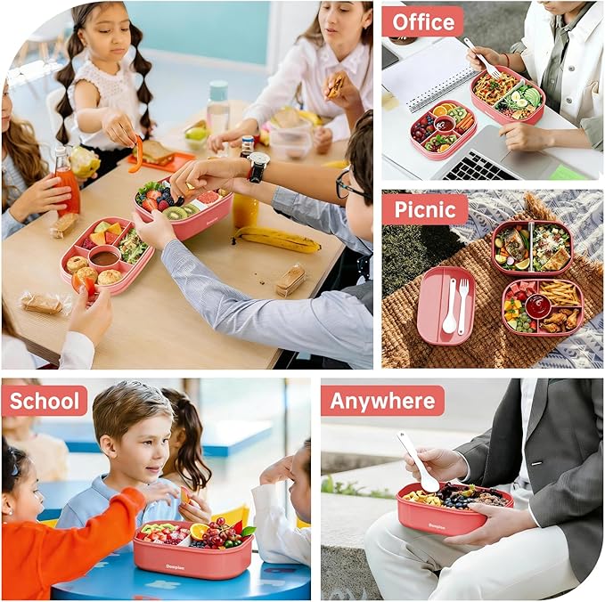 2 Layers Bento Box, All-in-One Stackable Lunch Container with Compartments, 64oz Leakproof Microwave Safe Dishwasher Safe Bento Box with Lunch Bag and Utensil Set for Kids and Adults