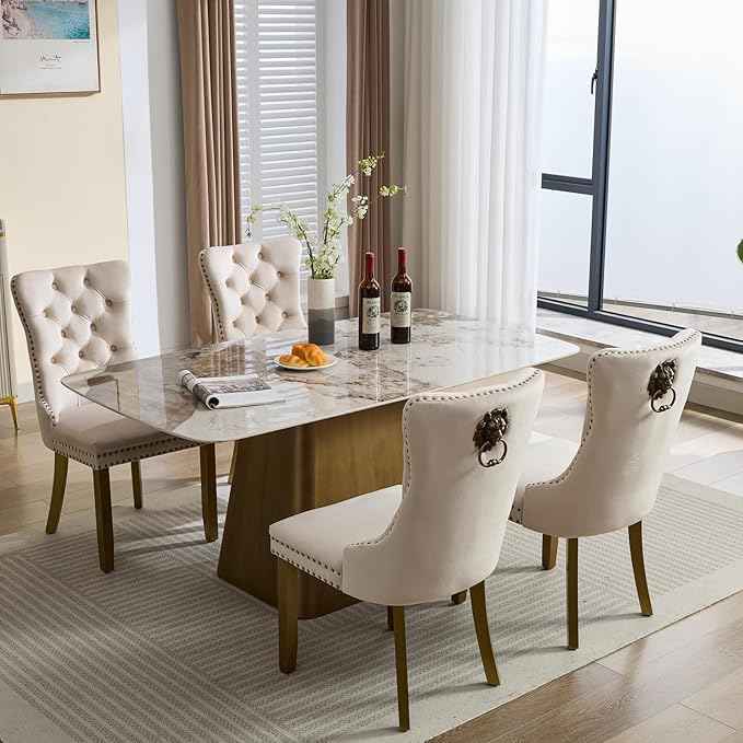 Velvet Dining Chairs Set of 6, Modern Tufted Dining Room Chair, Upholstered Dining Chairs with Lion Head Pulls Ring and Golden Solid Wood Legs, Luxury Kitchen Chairs for Dining Room, Beige