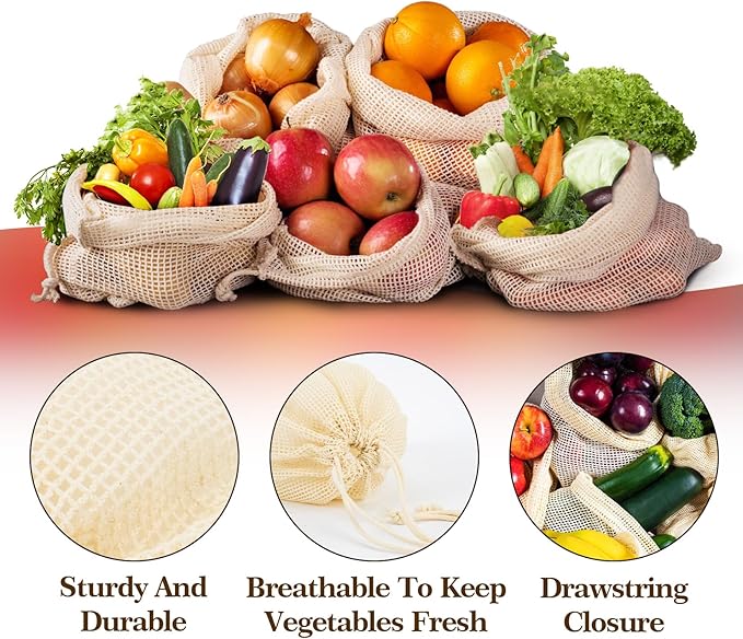 MAQIHAN 6 Pack Reusable Produce Bags Cotton Mesh Produce Bags Mesh Storage Produce Bags Reusable Durable Double Stitched With Drawstring Produce Bag For Vegetables,Fruit & Grocery Shopping (2L,2M,2S)