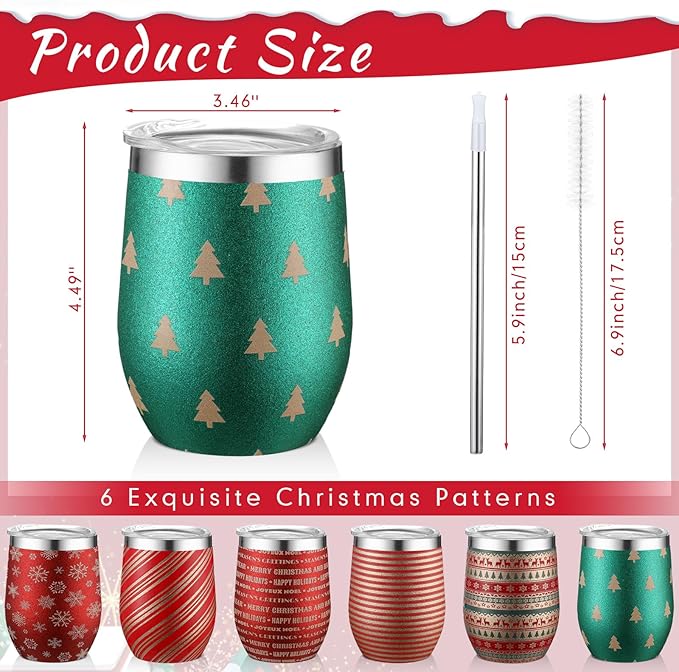 Sliner 6 Pack Pack Christmas Glitter Tumbler Bulk, 12 oz Holiday Wine Tumbler Set Stainless Steel Insulated Sparkling Glitter Cup with Lids Straws and Brushes Travel Mug Xmas Gift (Stripe Style)