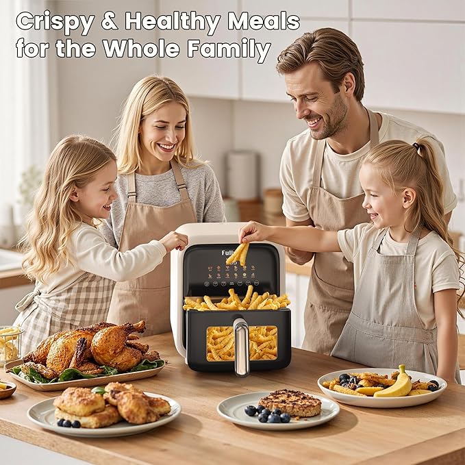Fullwill Air Fryer with Visible Window, 7.5QT,12-in-1 Multi-Function Air Fry,Roast,Bake, Dehydrate, Fries,Nonstick and Dishwasher-Safe Basket,Family&friends Party,1700W,Creamy White