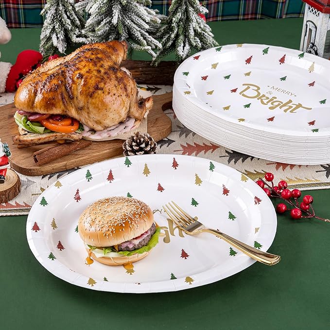 WDF 100 Pack Christmas Paper Plates - 10" x 12"Disposable Christmas Plates Disposable with Christmas Trees-Large Oval Paper Plates Heavy Duty- Party Plates for Christmas