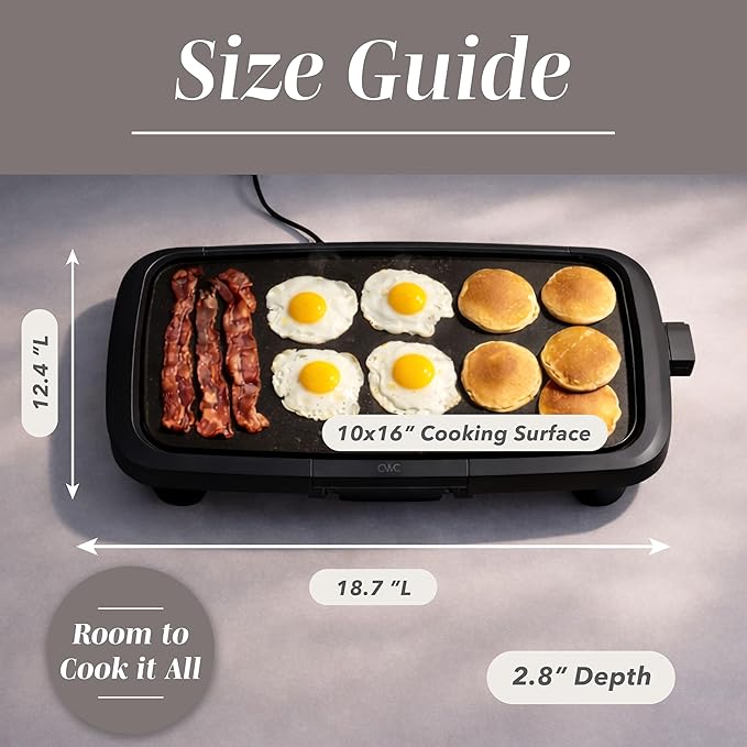 COOK WITH COLOR Electric Griddle 1200W, Nonstick Surface for Pancakes, Burgers, Eggs & More, Removable Temperature Control, Slide-Out Drip Tray, 10" x 16" Cooking Area, Black