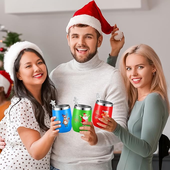 Sliner 16 Pcs Christmas Funny Wine Tumbler Spoon Set 12 Oz Stainless Steel Tumbler with Straw Brush Double Wall Insulated Travel Coffee Mug for Christmas Xmas Party Decorations Holiday Gift (Colorful)