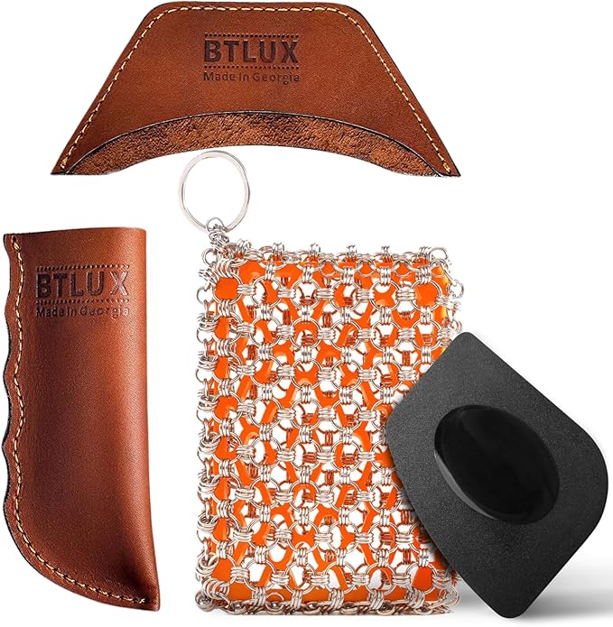 Cast Iron Care Bundle: 316 Stainless Steel 𝐓𝐫𝐢𝐩𝐥𝐞 𝐑𝐢𝐧𝐠 𝐂𝐡𝐚𝐢𝐧𝐦𝐚𝐢𝐥 Scrubber (Orange) & Extra Thick Leather Handle Cover Set of 2 (𝐌𝐚𝐝𝐞 𝐢𝐧 𝐆𝐞𝐨𝐫𝐠𝐢𝐚) – Perfect for Pan